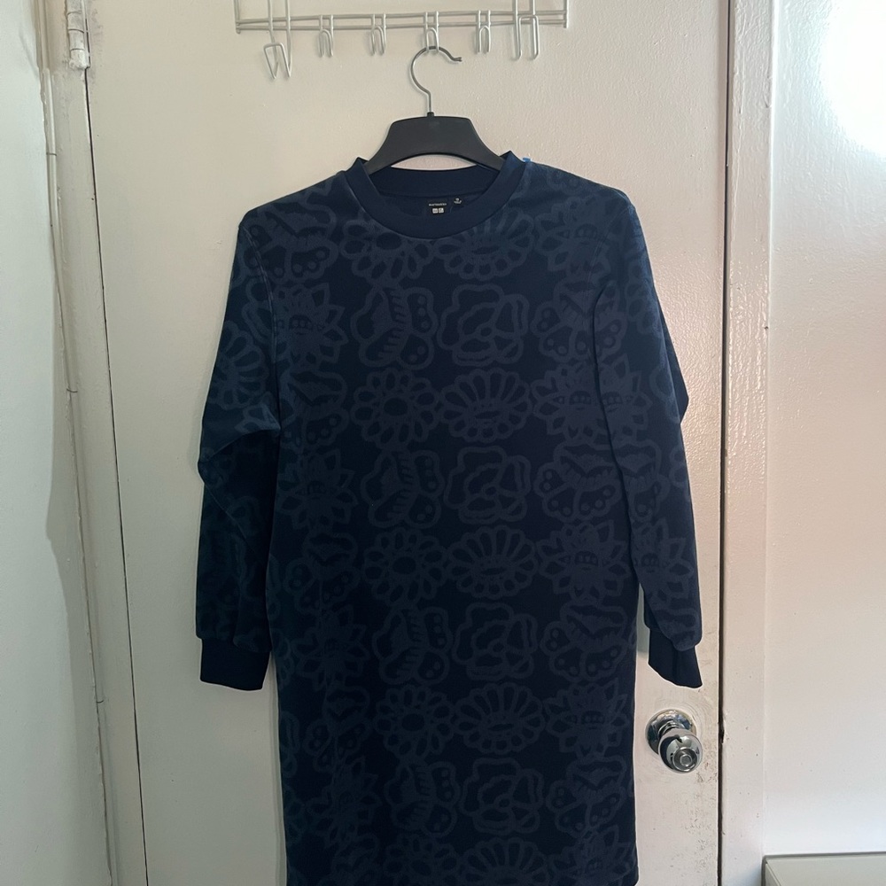 Uniqlo marimekko kids Navy Floral Pattern Long Sweatshirt Dress